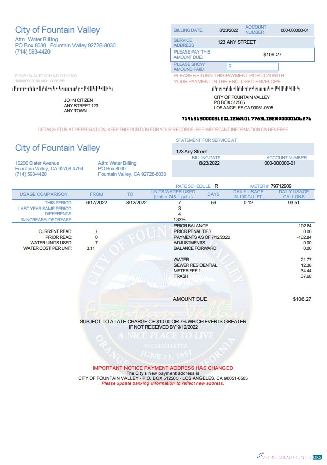 download USA California City of Fountain Valley utility bill template in Word and PDF format PDF template